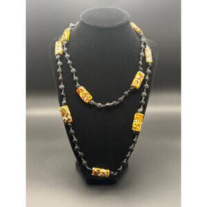 Vintage Glass Ethnic Bead Necklace with Metal Connectors Long